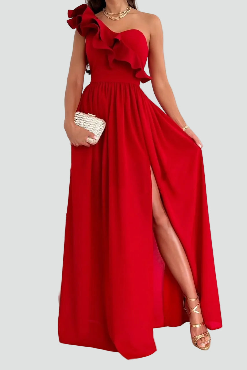Suknia wieczorowa maxi z falbanką i rozcięciem dla kobiet, elegancka i stylowa, idealna na 1